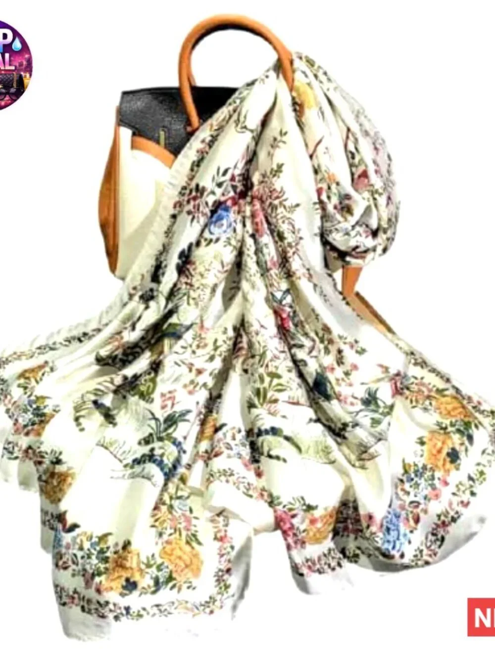 Polyester Silk Feeling Scarf Long Lightweight Shawl Floral Pattern